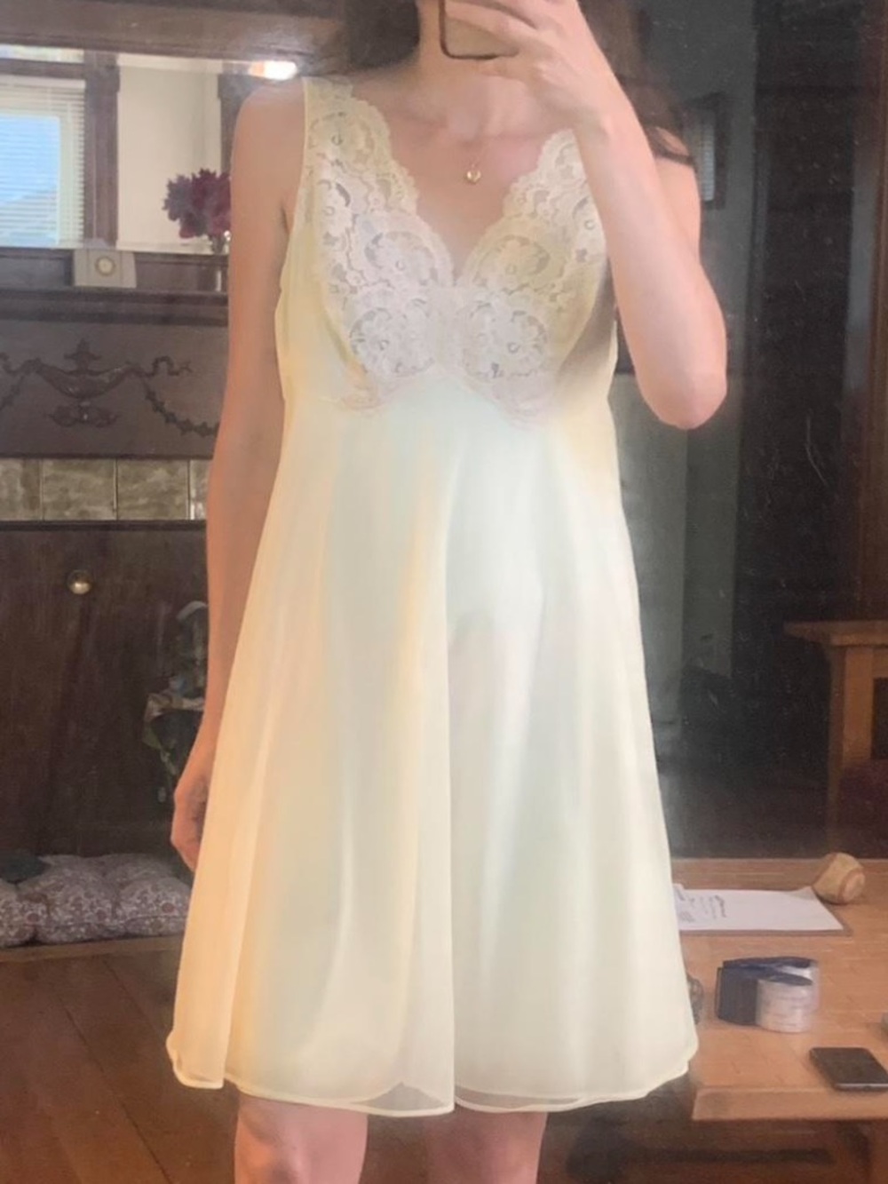 1960’s Vintage Buttercup Yellow Babydoll Lace Detail Babydoll Slip Dress